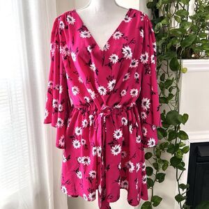 Lane Bryant Hot Pink Floral Flowy Bell Sleeve Short Dress - Plus Size 18/20